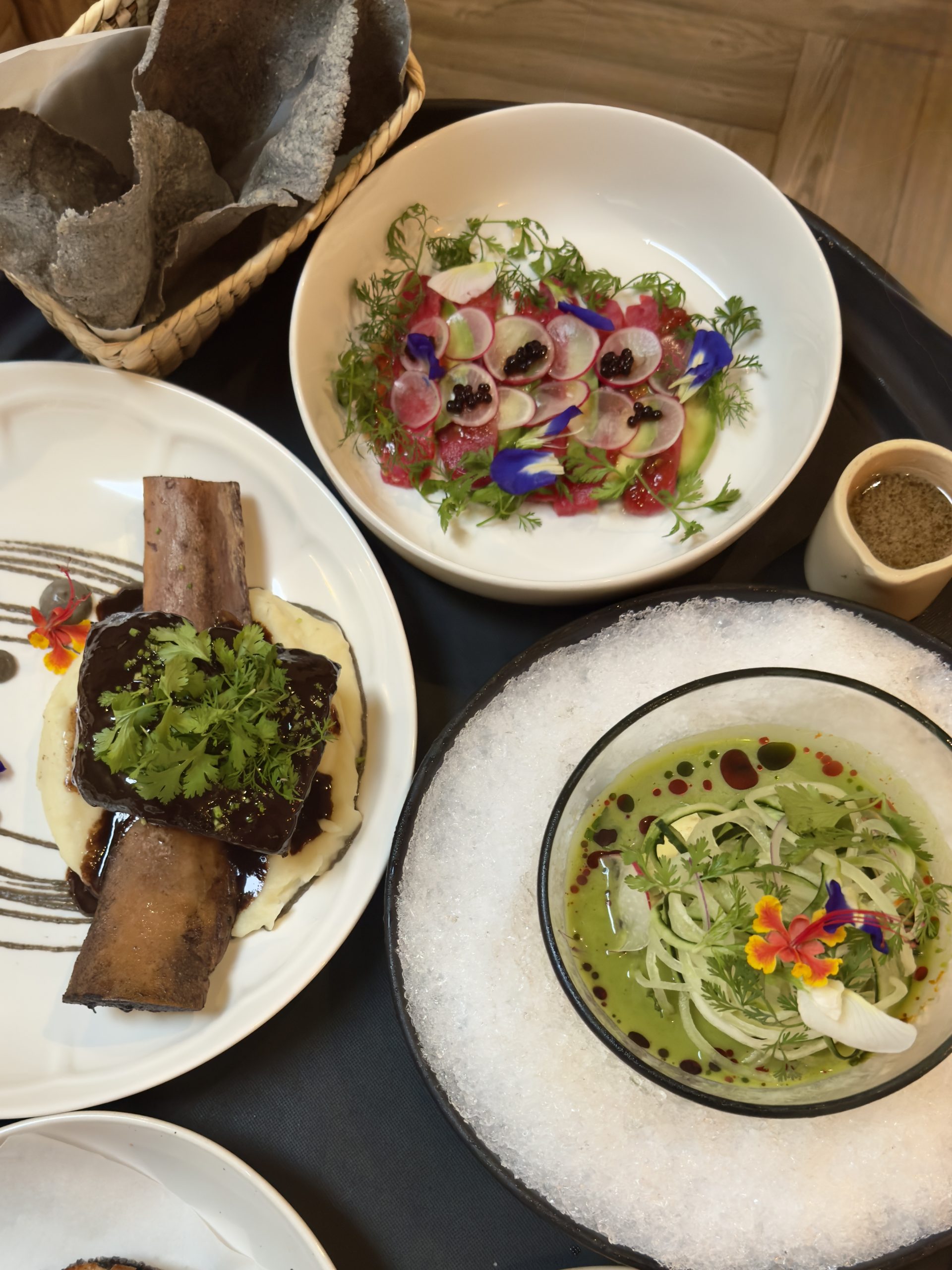 Gourmet Tulum dining: short ribs, ceviche, and soup from Go Tulum Travel guidebook.
