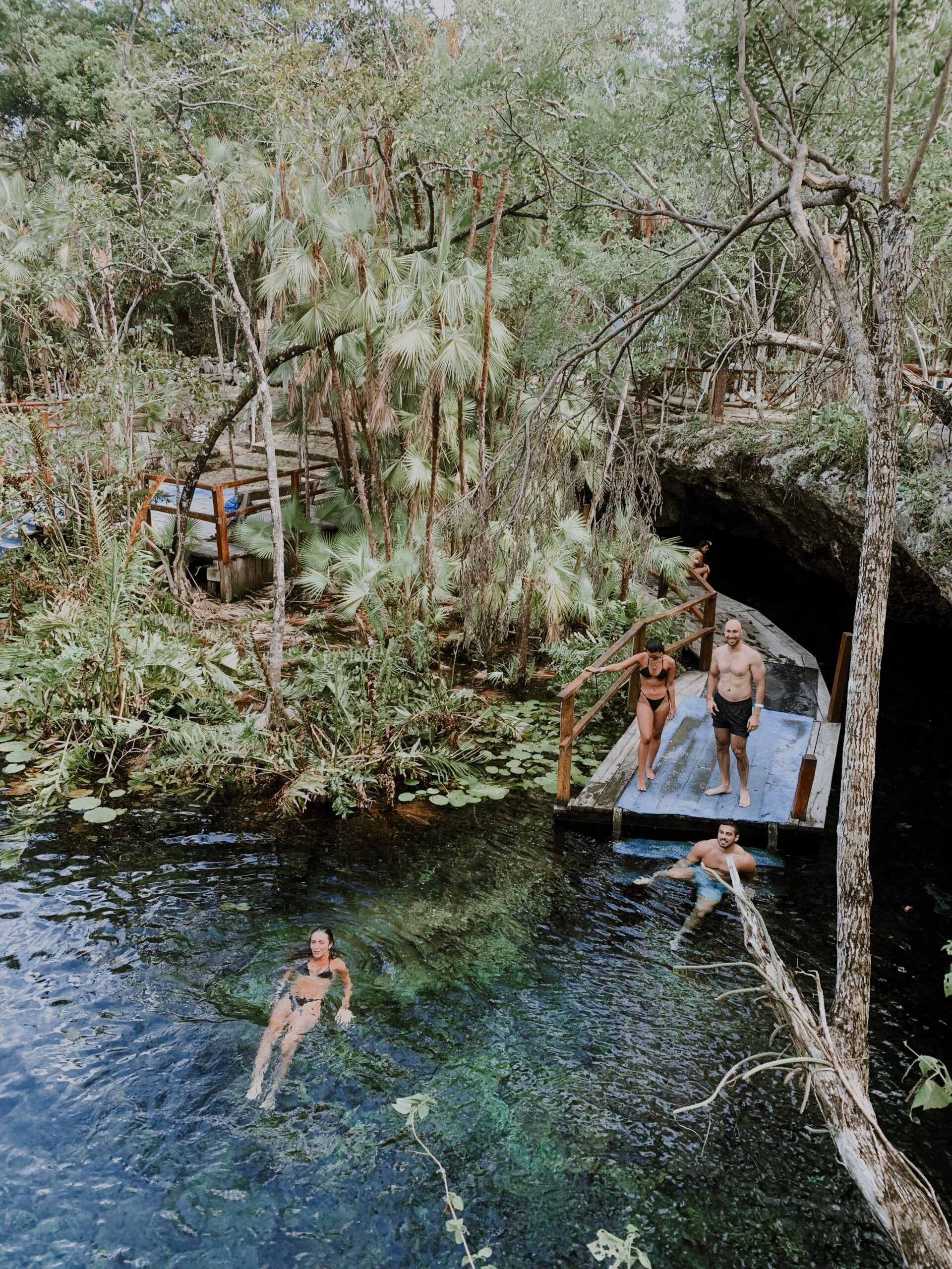 Guests swimming in the clear jungle waters of Nicte-Ha Cenote