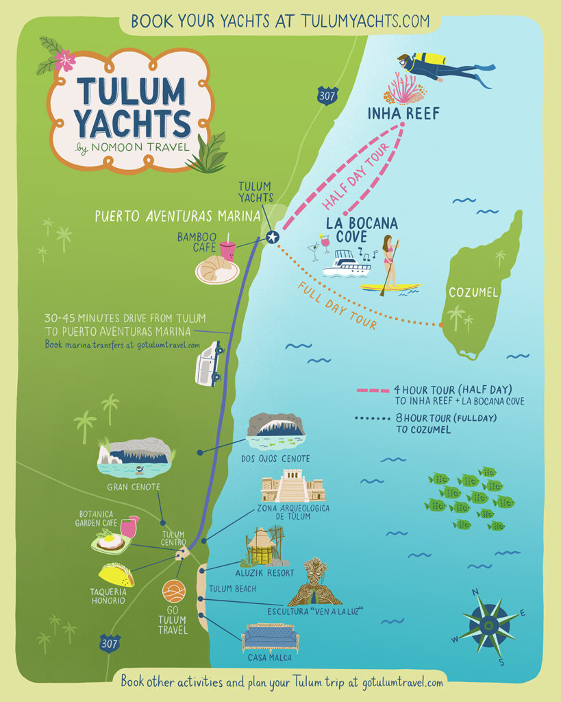 Map showing Tulum and Puerto Aventuras Marina for yacht transportation planning