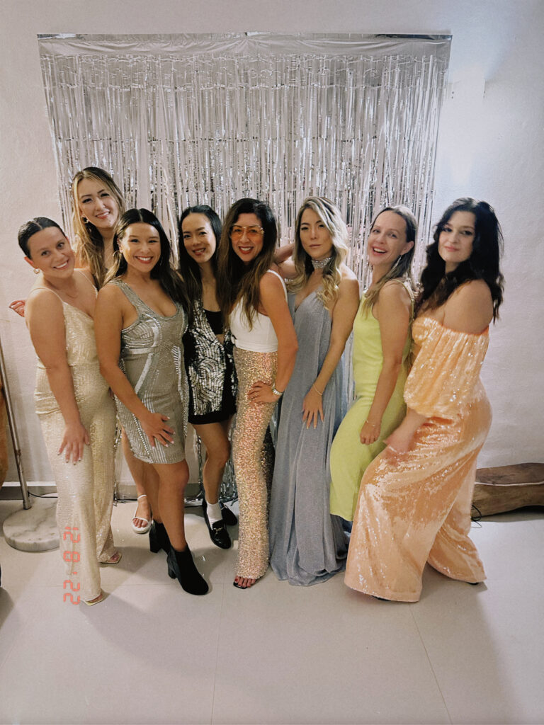 Friends dressed for a birthday dinner in Tulum