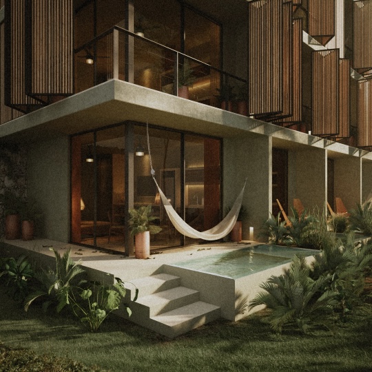 Luxury Tulum accommodations: Hammock and plunge pool at a modern resort.