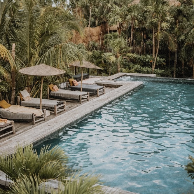 Luxury Tulum accommodations: serene pool, loungers, and lush tropical foliage.