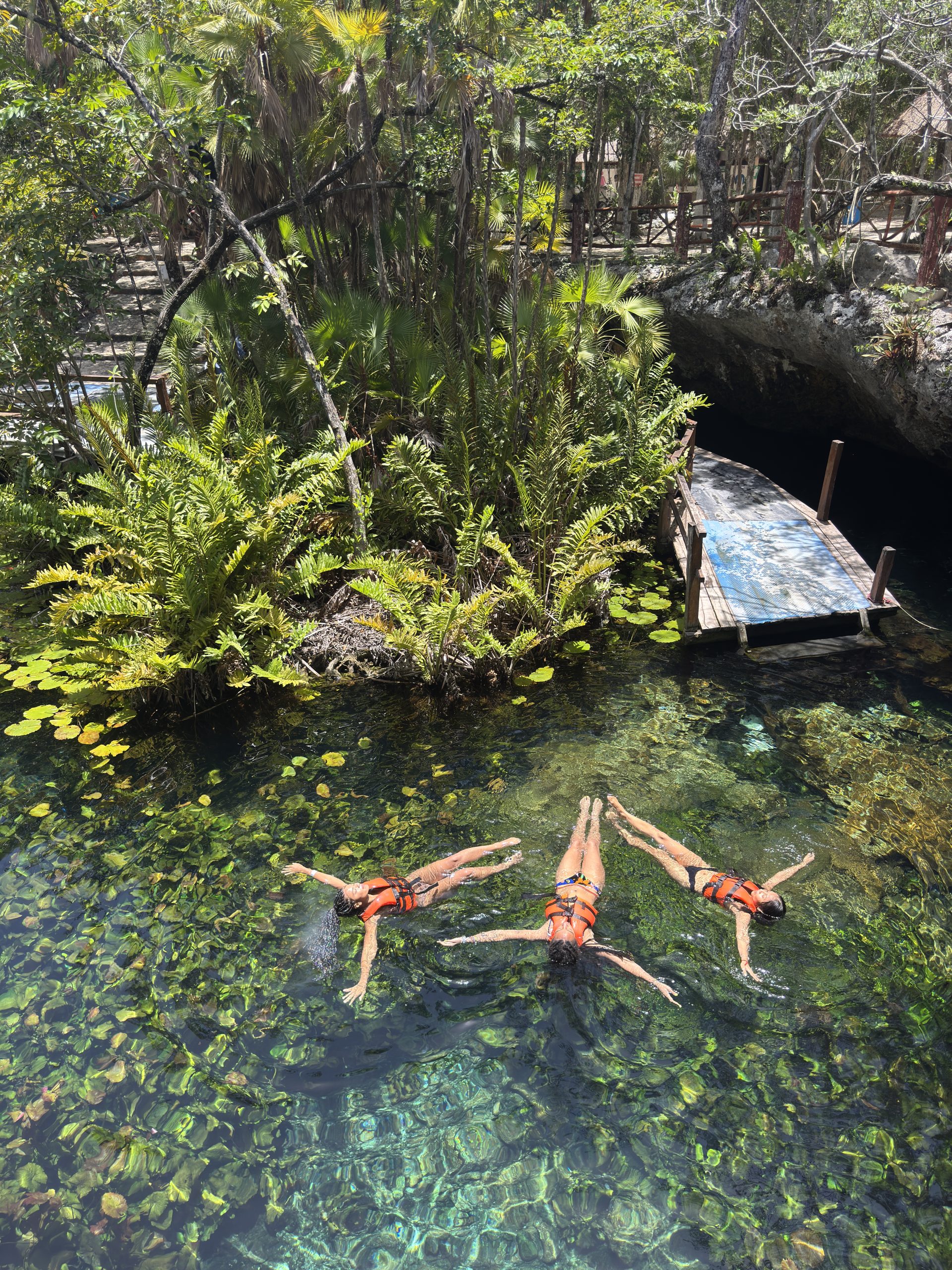 Group swimming in life jackets at Nicte-Ha Cenote near Tulum