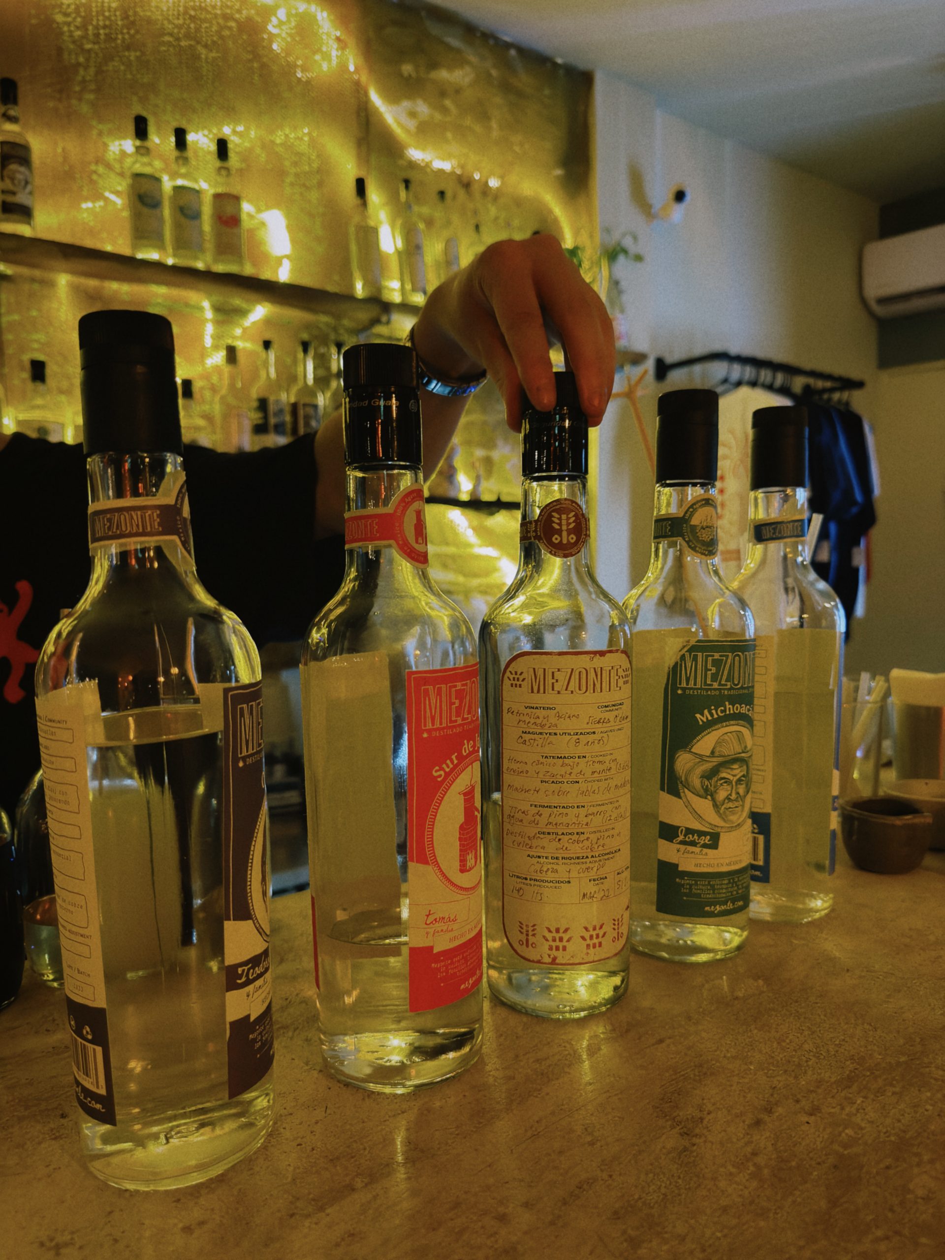 Boutique Mexican mezcal bottles selected for a private tasting